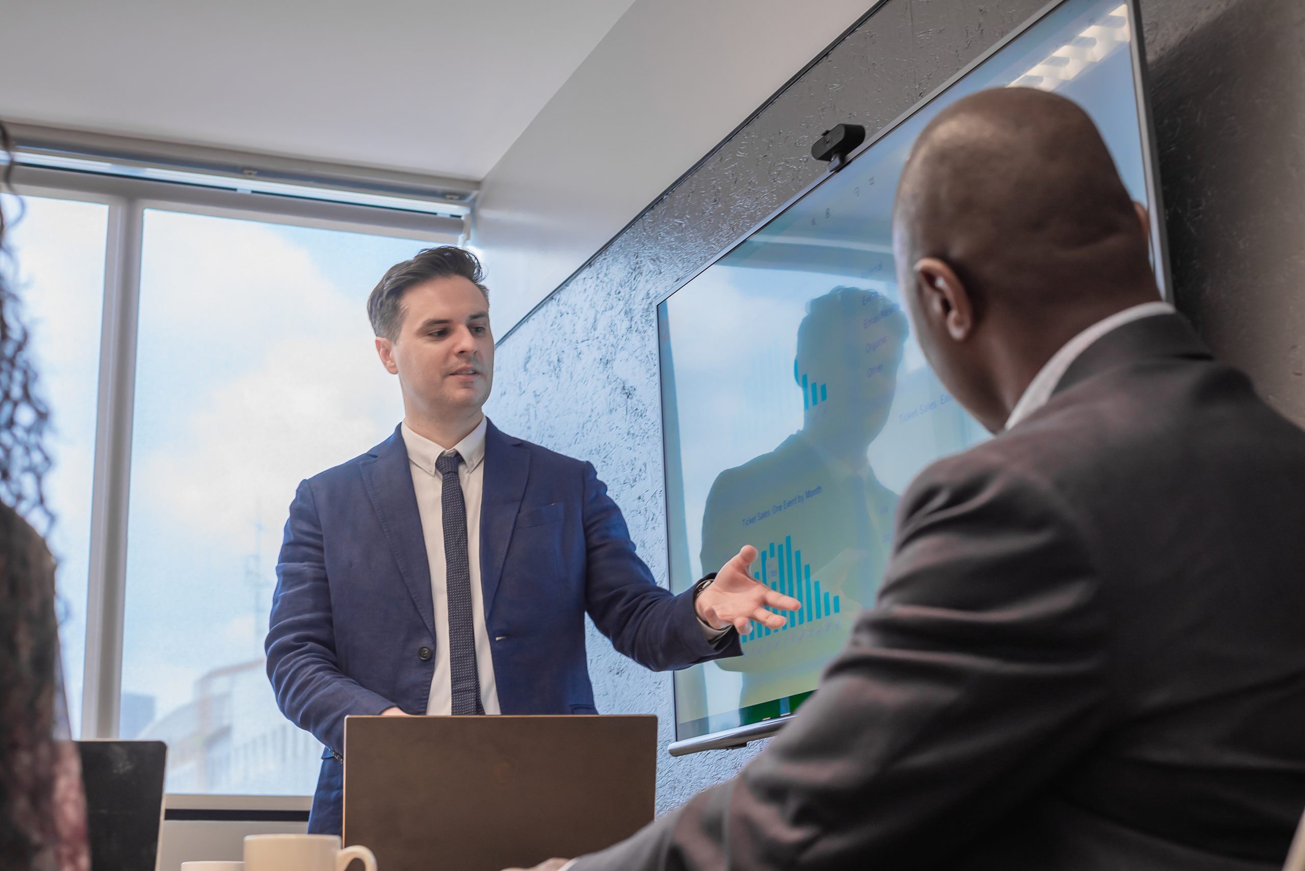 Confidence in Presentation Skills business man plans future projects to make company profitable p